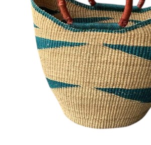 Exquisite <b>Woven</b> Seagrass Tote <b>Bag</b> Swallow Tail Design Teal Stripe Brown <b>Leather</b> Handle Summer Beach Handbag Nice - Product Image 4
