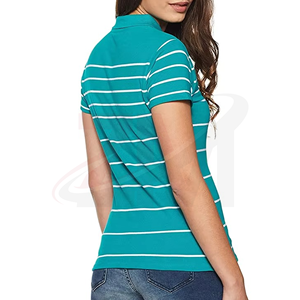 Polo rayé pour femme à manches courtes, bleu sarcelle et blanc, décontracté, 100 % coton, tissu Oxford respirant, tissé - Product Image 2