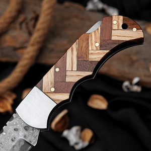 Patterned Carbon Steel Pocket Knife with Wooden Handle High-Polish Finish Leather Sheath Handmade Compact Hand <b>Tool</b> - Product Image 4