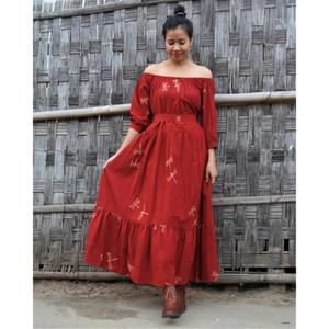 Vestido Rojo de Mujer con Cuello en V, Mini, de Punto, con Mangas Abullonadas, Estilo Boho, Casual, para Fiestas, Vacaciones, de Algodón Transpirable, Vintage, Bordado - Product Image 1