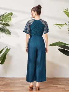 Combinaison élégante pour femme en satin bleu à motifs floraux, respirante, avec manches lanternes en dentelle, taille haute, longueur mi-mollet, idéale pour les cocktails et soirées. - Product Image 2