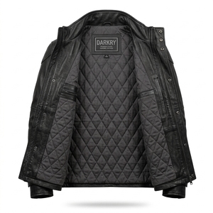 Veste de safari en cuir véritable noir pour homme, quatre poches à rabat, col montant, fermeture à boutons-pression, fournisseur de commandes en gros OEM ODM personnalisées - Product Image 5