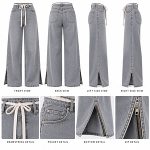 Vaqueros de mujer de cintura alta, pierna ancha, con cordón, de mezclilla, corte holgado, dobladillo dividido, casual, talla grande, largo completo, gris lavado a la piedra - Product Image 5
