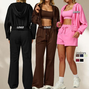 ชุดโยคะผู้หญิง 3 ชิ้น เสื้อฮู้ดมีซิปเต็มตัว กางเกงขาสั้นเอวสูง เสื้อแขนกุด กางเกงขายาวทรงบานหลวมๆ รับผลิตแบบ OEM - Product Image 1