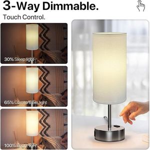 Lampada da Tavolo in Lino Dimmerabile a 3 Livelli con Porte di Ricarica USB A+C, Piccola Lampada da Comodino con Controllo Touch e Presa AC - Product Image 4