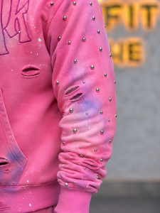 เสื้อฮู้ดซิปสีชมพูแบบดิสเทรส ประดับด้วยคริสตัล ทรงปกติ ผ้าฟลีซคอตตอน 100% - เสื้อแจ็คเก็ตสำหรับทุกเพศ เหมาะสำหรับฤดูหนาว - Product Image 2