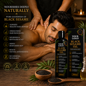 Huile de sésame noire 100% naturelle pour les cheveux et la peau |   Huile de graines de sésame pressée à froid |   Huile nourrissante pour la croissance des cheveux et le soin du cuir chevelu à base de plantes |   OEM - Product Image 3