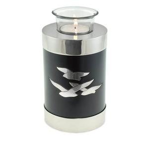 Urna Funeraria de Metal Azul con Detalles en Latón Grabados con Palomas, para Guardar Cenizas, Estilo Moderno - Product Image 3