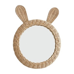Bunny Rattan <b>Mirror</b> Round Frame Wall Hanging Decor Kids Furniture Kids Room Handwoven Wicker Rabbit Ear Wholesale - Product Image 1