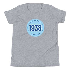 เสื้อยืดคอกลมแขนสั้นเยาวชนสีเทาพร้อมโลโก้แจ็คและจิลออฟอเมริกา 1938 เสื้อยืดผ้าฝ้ายลำลองเสื้อผ้าเยาวชนทุกวัน - Product Image 1