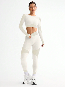 Women 2 Piece Yoga Set White Solid Scoop Neck <b>Crop</b> <b>Top</b> High Waist Full Length Leggings Breathable Spandex Polyester Seamless - Product Image 1