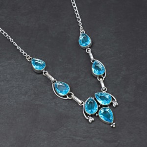 Customized Handmade Blue Topaz Lab Created Pear Freshwater Pearl Sterling Silver 18 Inch Luxury Wedding Gift Necklace For Women - Product Image 1