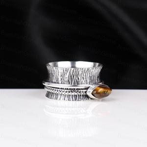 Vintage 925 Sterling <b>Silver</b> Plated Tigers Eye Spinner for Anxiety Relief Boho Marquise Cut Tiger Eye Meditation Handmade <b>Ring</b> - Product Image 5
