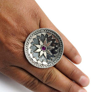 <b>Adjustable</b> <b>Ring</b> With Round Cut Ruby Gemstone Solid 925 Sterling <b>Silver</b> Handmade Bohemian Jewelry Flower Design Vintage <b>Ring</b> - Product Image 2