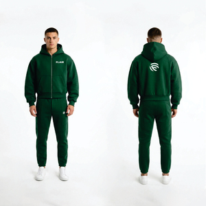 ชุดวอร์มเทคฟลีซสีเขียวเข้มพรีเมียมเฮฟวี่เวท – เสื้อฮู้ดดีไซน์ไซเบอร์-เออร์เบินแบบมีแผ่นผ้าต่อและกางเกงจ็อกเกอร์ทรงเข้ารูป - Product Image 5