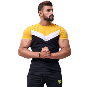 T-shirt à manches courtes pour homme, à blocs de couleur géométriques, col rond, coupe ajustée, sportif, tricoté, respirant, noir, jaune, blanc - Product Image 1