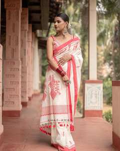 Eco-Friendly Handloom Soft Lichi Silk <b>Saree</b> <b>Red</b> Geometric Tribal Art Handwoven Ethnic Wedding Sun Protection Wrinkle Free Indian - Product Image 2