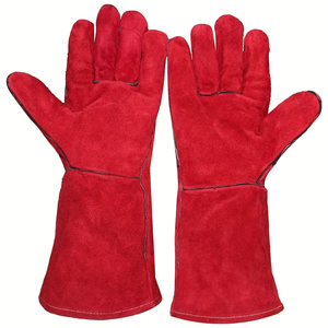 Red Leather Mechanic <b>Gloves</b> With Insulated <b>Long</b> Cuff Heat Protection Industrial Quick Dry Outdoor Utility Leather <b>Gloves</b> - Product Image 1