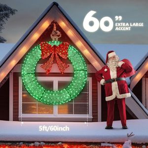 Ghirlanda Natalizia da Esterno in Metallo Pre-Illuminata a LED da 60 Pollici, Decorazione Festiva con 400 Luci per Casa, Giardino, Fiocco Verde/Rosso - Product Image 2