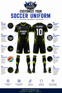 Ensemble de maillots de football personnalisés de haute qualité, imprimés, noir et vert lime, col en V, manches courtes, polyester respirant, uniforme - Product Image 2