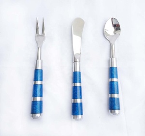 Fourchette et cuillère à fromage en aluminium de couleur émail vert à poignée ronde en acier inoxydable poli à la main - Product Image 6