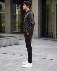 Men's Black Silk Moto <b>Jacket</b> <b>Yellow</b> W Logo Zipper Front Stand Collar Loose Fit Winter Style <b>Waterproof</b> Windproof High Street - Product Image 4