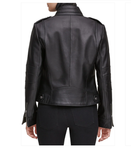 <b>Women's</b> Genuine <b>Leather</b> <b>Moto</b> <b>Jacket</b> Stand Collar Full Sleeve Zipper Closure Solid Color Autumn Wear - Product Image 3