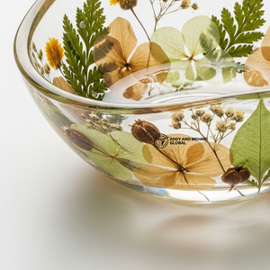Bol en résine transparente de forme ondulée fait à la main avec des fleurs pressées jaunes et vertes, bol décoratif botanique pour servir - Product Image 5