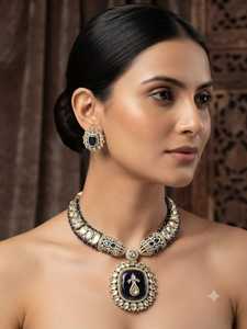 R.K. Juego de Collar HASLI Chapado en Oro con Perlas y Circonitas, Estilo Étnico Indio, para Novias, con Aretes a Juego, para Bodas y Fiestas - Product Image 4