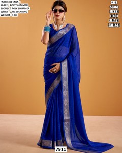 Sari traditionnel brodé en poly scintillant bleu saphir, idéal pour les fêtes de Diwali, anti-humidité et infroissable - Product Image 1