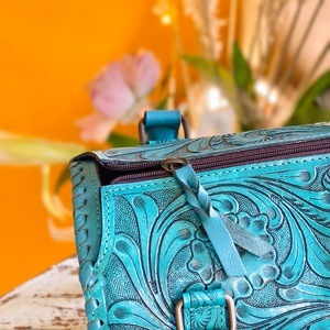 Sky Blue Color 100% Genuine <b>Leather</b> Mini Size Speedy Duffle Bag With <b>Tooled</b> Floral Carved Vintage Overnight Weekender Travel Bag - Product Image 3