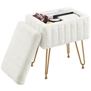 Modern Faux Fur Square Ottoman with Storage Adjustable Metal Legs Cute <b>Small</b> <b>Footstool</b> - Product Image 2