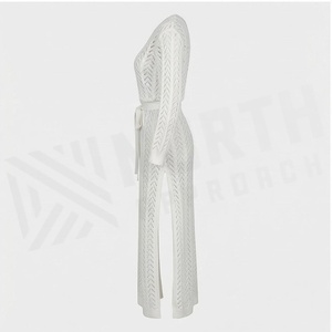 One-Shoulder Knitted <b>Maxi</b> Dress With Drawstring Waist Geometric Pattern <b>White</b> Women's Asymmetric Long Sleeve Dress - Product Image 3