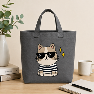 Sac fourre-tout en toile grise avec imprimé chat de dessin animé, motif chemise rayée et lunettes de soleil, style décontracté pour le voyage et le shopping - Product Image 4