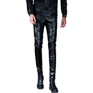 Pantalon de moto en cuir PU noir pour homme, coupe droite, fermeture éclair, taille élastique, coupe-vent, pour l'automne - Product Image 1