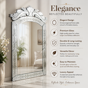 Antique Style Venetian <b>Mirror</b> with Curved Arch Top and Hand Engraved Floral Frame Premium Decorative Glass <b>Mirror</b> for Interiors - Product Image 5