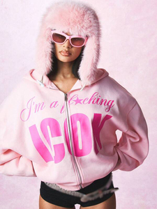 Sudadera con capucha rosa extragrande para mujer, con cremallera completa, mezcla de algodón y forro polar, estampado de letras, hombros caídos, para otoño e invierno, proveedor - Product Image 3