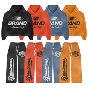 Chándal Oversize Naranja con Lavado Ácido y Color Sólido para Tallas Grandes |   Sudadera con capucha y pantalones deportivos holgados con estampado completo |   Algodón Grueso de Invierno - Product Image 1