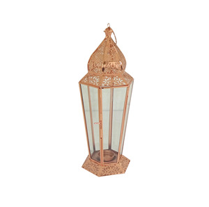 Lanterne à bougie hexagonale géométrique en cuivre et métal poli or rose, avec panneaux de verre, finition en forme de cage à oiseaux, poignée, loquet et finition supérieure en couronne, pour table - Product Image 2