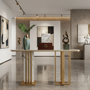 Luxury Hotel Lobby Decorative <b>Console</b> - Premium Gold Metal & <b>Marble</b> Entryway <b>Table</b> for Grand Foyers - Product Image 5