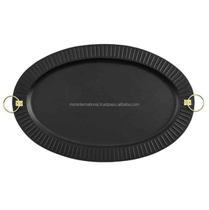 Black Oval Handmade <b>Serving</b> <b>Tray</b> <b>Gold</b> Handles Checkered Pattern Powder Coated Finish Ms Hussain International Restaurant Use - Product Image 5