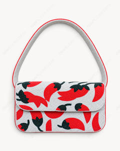 Bolso de Hombro Artesanal con Cuentas de Chiles Rojos sobre Fondo Azul, Bolso de Noche Novedoso para Mujer, Venta al por Mayor, OEM, Marca Privada - Product Image 1