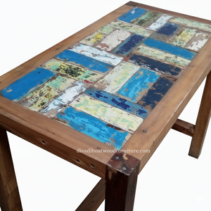 Mesa de Bar de Madera de Barco Reciclada, Diseño de Mosaico, Color Original, Ecológica, Sostenible, Rústica, Mueble de Bar Alto - Product Image 5