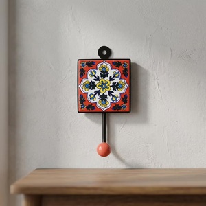 Rustic <b>Red</b> Ceramic Iron Tile Wall Hook Flower Pattern Handmade Eco-Friendly Waterproof Vintage Style Self-Adhesive for Clothing - Product Image 3