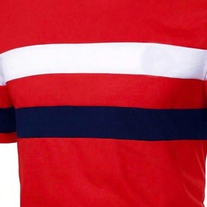 Camiseta de Manga Corta a Rayas Rojas para Hombre, Cuello Redondo, Corte Regular, 100% Algodón Transpirable, con Ribete en Contraste Blanco y Azul Marino - Product Image 5