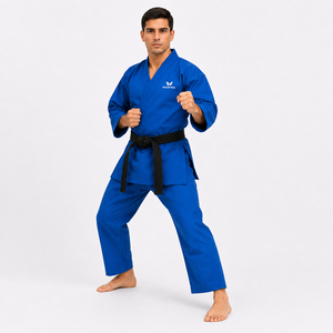 Kimono de karaté bleu personnalisé pour homme adulte, 100% coton, uniforme d'entraînement durable avec ceinture noire et logo frontal - Product Image 5