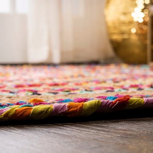 Tapis rond bohème en jute fait main, motif abstrait multicolore, à poils ras, pour la décoration du salon - Product Image 6