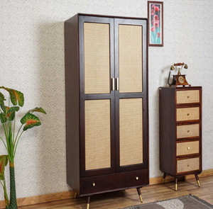 Natural teak wood 2 door sliding <b>wardrobe</b> featuring recessed vertical handles, available at wholesale prices. - Product Image 3