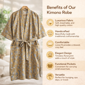 Robe kimono en coton imprimé à la main pour femme, col en V, manches longues, longueur longue, 2 poches avant, cordon de serrage, vêtements de nuit durables - Product Image 5