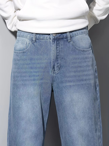 Men's Classic Wide-Leg Denim Jeans | Relaxed Fit <b>Light</b> Wash Baggy Cotton <b>Trousers</b> | Casual Straight Leg Streetwear Blue Jeans - Product Image 6